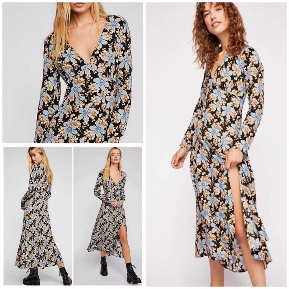 Free People Floral Midi Dress - Black and Blue